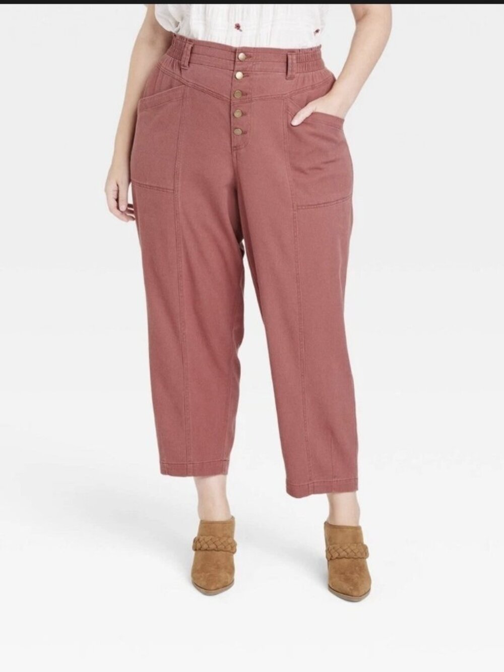 Knox Rose Crop Chino Pants Women Medium Rusty Red Mauve Button Fly Elastic Waist